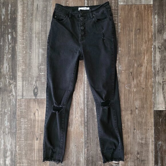 Kancan Black Raw Hem Factory Distressed Button Fly Woman's Jeans size 1 - Picture 1 of 8